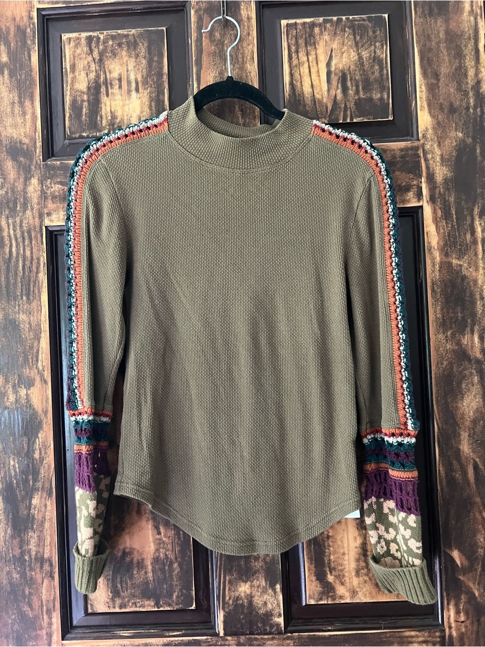Free People Olive Green Knit Top with Multicolor Crochet Trim